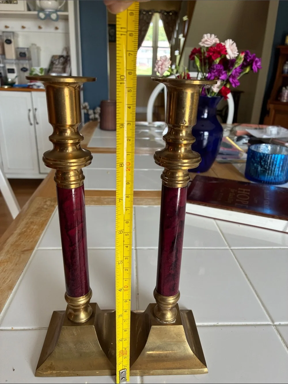 Brass and Burgundy Home Accents Candlestick Pair